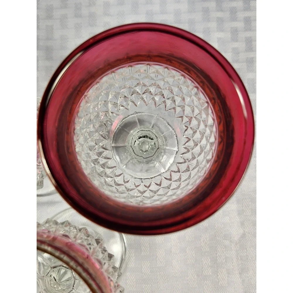 3-Indiana Glass Diamond Point Ruby Cranberry Flashed Tall Goblet Glasses Vintage